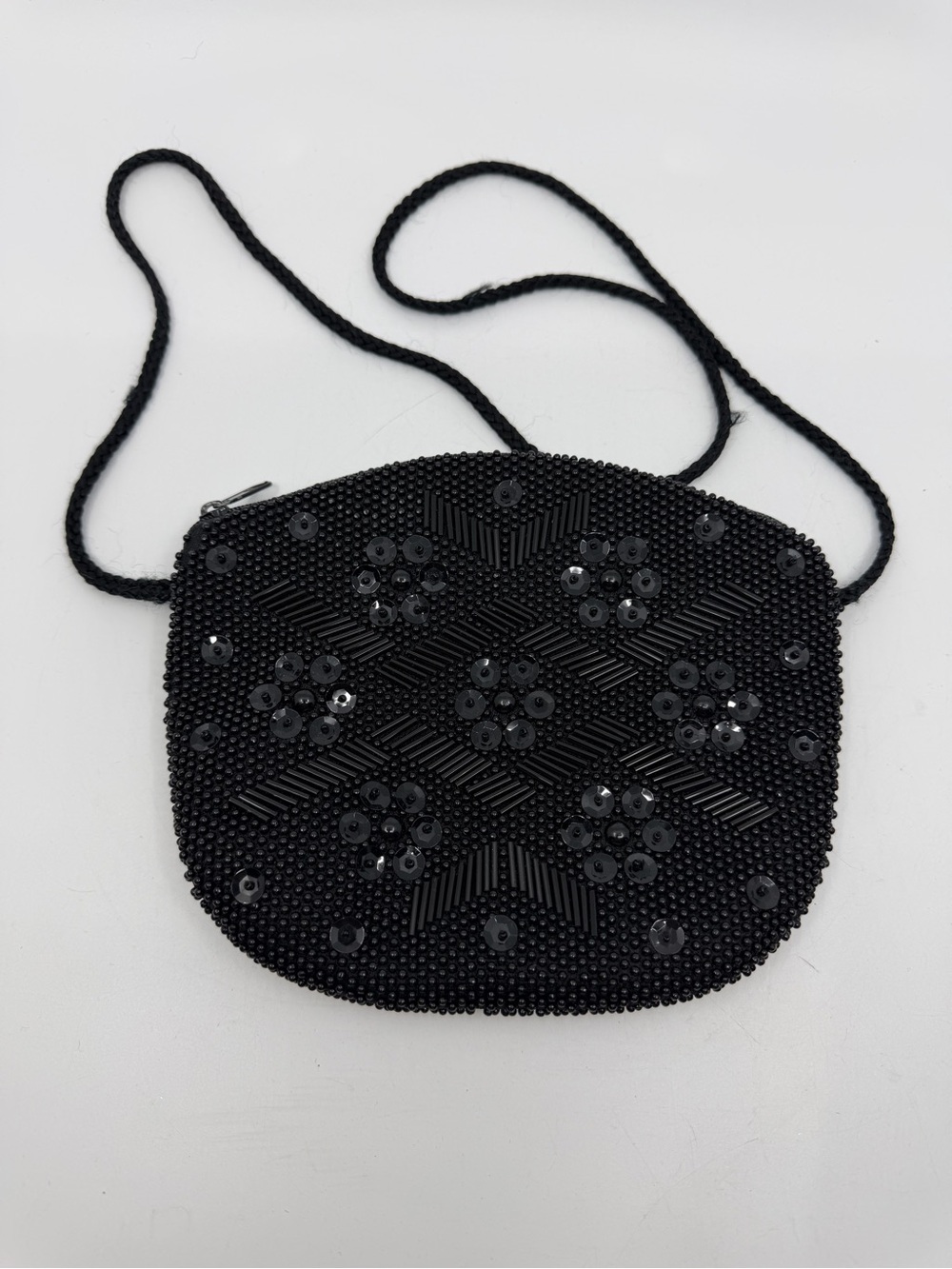Black Beaded Floral Shoulder Bag
